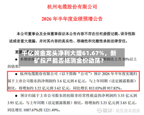 千亿黄金龙头净利大增61.67%，新矿投产能否抵消金价动荡？