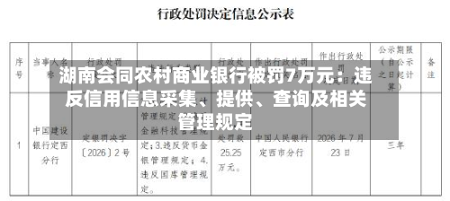 湖南会同农村商业银行被罚7万元：违反信用信息采集、提供、查询及相关管理规定