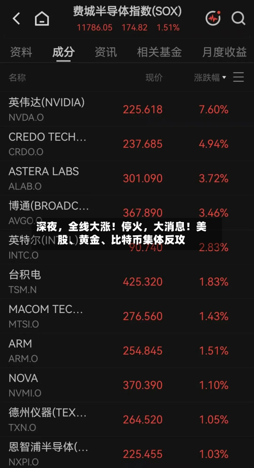 深夜，全线大涨！停火，大消息！美股、黄金、比特币集体反攻