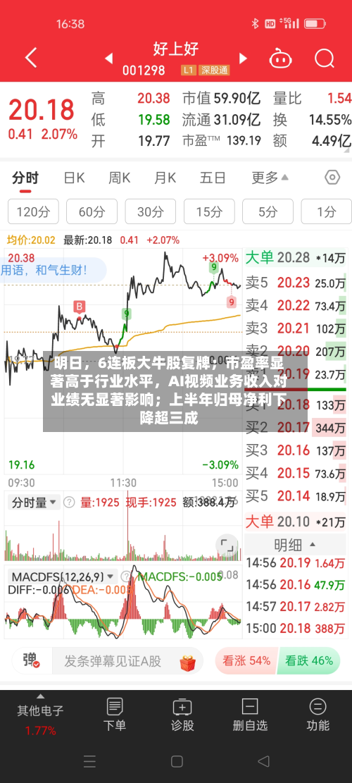 明日，6连板大牛股复牌；市盈率显著高于行业水平，AI视频业务收入对业绩无显著影响；上半年归母净利下降超三成-第3张图片