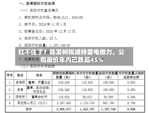 扛不住了？陈发树拟减持雷电微力，公司股价年内已跌超45%-第2张图片