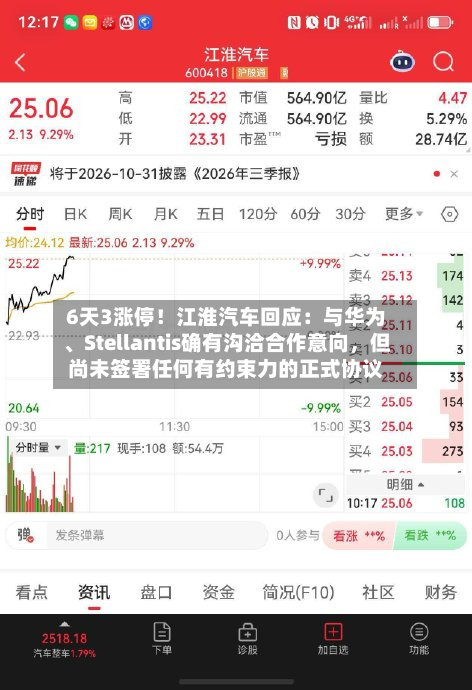 6天3涨停!江淮汽车回应:与华为、Stellantis确有沟洽合作意向,但尚未签署任何有约束力的正式协议