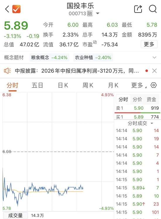 半年报亏损扩大，牛散逆势买入国投丰乐