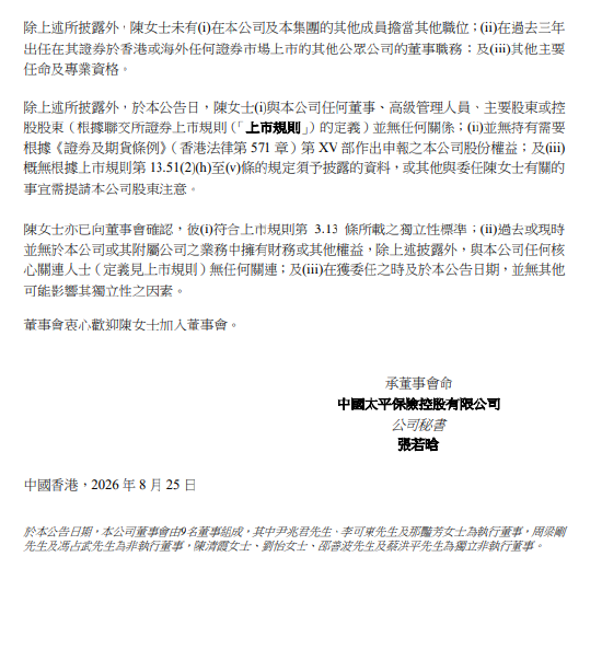 中国太平：委任陈清霞为独立非执行董事
