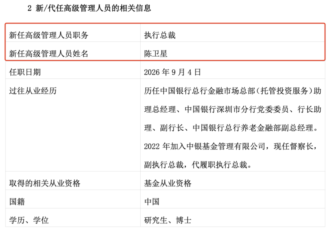 官宣！7000亿级基金公司中银基金新总裁定了，陈卫星出任！